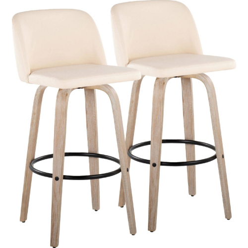 Toriano 30" Swivel Bar Stool in White Washed Wood & Cream Leatherette w/ Black Footrest (Set of 2)